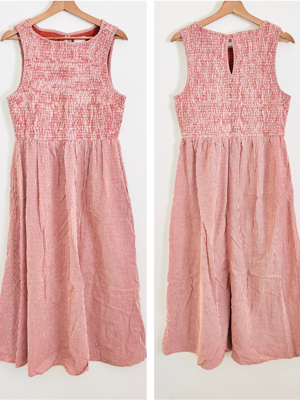 Japna Sleeveless Smocked Bodice Maxi Dress in Rust Gingham Plaid